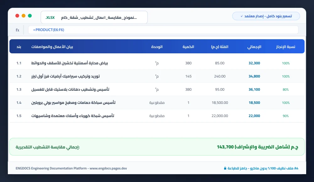 نموذج مقايسة أعمال تشطيب شقة كاملة Excel مفرغة بالمعادلات والأسعار - الإصدار المعتمد